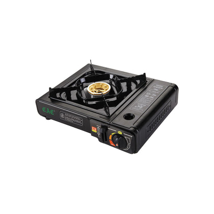 Portable single burner butane stove with 9500 BTU output, durable metal body, brass burner, ideal for camping or emergencies; case packed 6, quantity break at 3 each.