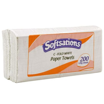 C-fold white paper towels for hand drying and cleaning, made from eco-friendly materials, soft, durable, highly absorbent, and compatible with standard dispensers