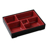 Yanco 5-Sushi Compartment/Bento Box CR-610 6/Pcs This box is crafted from durable, easy-to-clean melamine, offering both strength and elegance. Its sleek black and red design adds a touch of sophistication, making it perfect for serving sushi, sashimi, or other Japanese dishes. Ideal for restaurants, sushi bars, or home use, it ensures a visually appealing and practical dining experience.