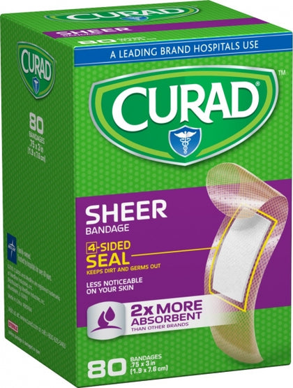 Curad Sheer Adhesive Bandages offer discreet protection with a light beige tone that blends naturally with lighter skin tones. Each bandage measures 0.75