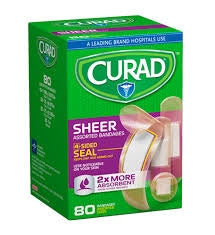 Curad Sheer Adhesive Bandages offer reliable protection for minor cuts, scrapes, and burns with a lightweight and breathable design. These bandages feature a unique 4-sided seal to help keep out dirt and germs, supporting a clean healing environment. With non-stick pads for pain-free removal, they ensure comfort while promoting uninterrupted recovery. This pack contains 80 assorted sizes, making it perfect for home, school, or medical use.