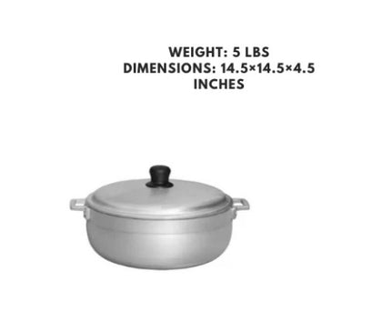 An 11.3-quart aluminum caldero with a lid, ideal for cooking large meals like soups, stews, and rice dishes with even heat distribution.



