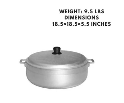 A 22.6-quart aluminum caldero with a lid, ideal for cooking large batches of soups, stews, and rice dishes with even heat distribution.
