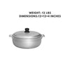 A 6.7-quart aluminum Caldero with a lid, perfect for cooking soups, stews, and rice dishes with even heat distribution. Durable and easy to clean.
