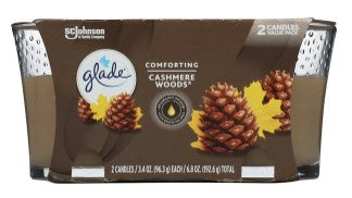Glade Candle Cashmere Woods, 3.4 oz scented candle in glass jar with warm, rich woody fragrance for a cozy home ambiance.