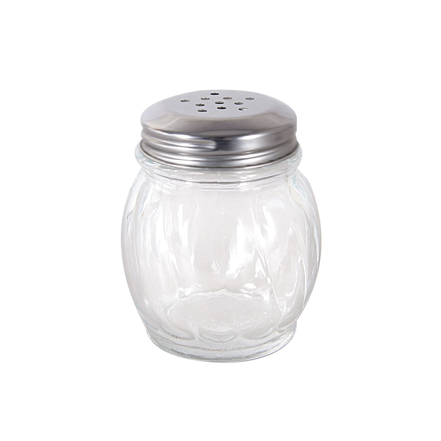 6oz glass cheese shaker with stainless steel perforated top; durable, classic paneled design, easy refill and cleaning; packed 5 dozen per pack; ideal for pizza, pasta, and dining tables.