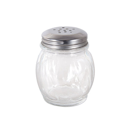 6oz glass cheese shaker with stainless steel perforated top; durable, classic paneled design, easy refill and cleaning; packed 5 dozen per pack; ideal for pizza, pasta, and dining tables.