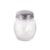 6oz glass cheese shaker with stainless steel perforated top; durable, classic paneled design, easy refill and cleaning; packed 5 dozen per pack; ideal for pizza, pasta, and dining tables.