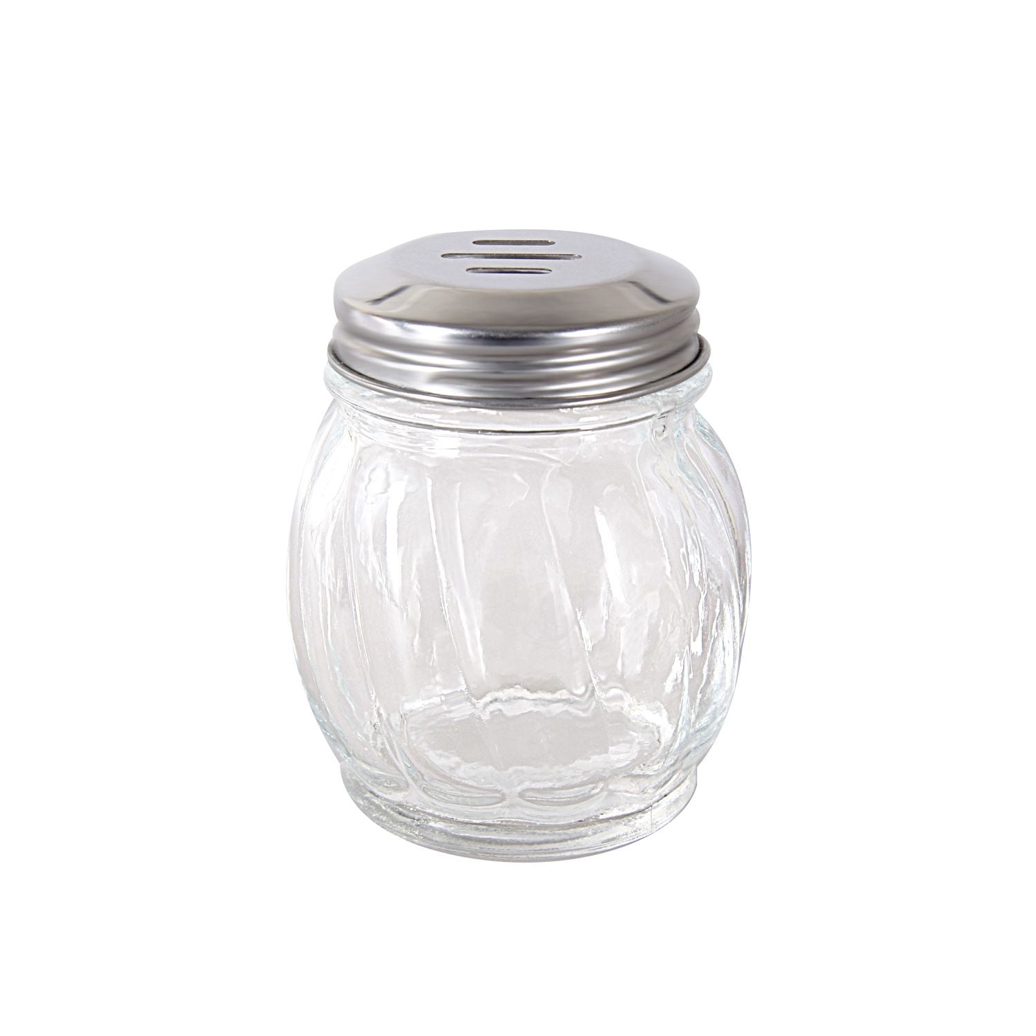 6oz glass cheese shaker with stainless steel slotted top; durable paneled design, smooth dispensing, easy to clean and refill; packed 5 dozen per pack; ideal for pizza, pasta, and restaurant use.