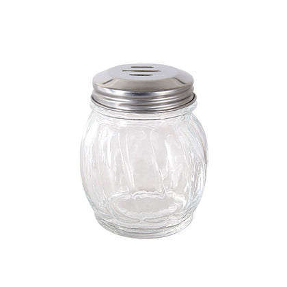 6oz glass cheese shaker with stainless steel slotted top; durable paneled design, smooth dispensing, easy to clean and refill; packed 5 dozen per pack; ideal for pizza, pasta, and restaurant use.