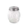 6oz glass cheese shaker with stainless steel slotted top; durable paneled design, smooth dispensing, easy to clean and refill; packed 5 dozen per pack; ideal for pizza, pasta, and restaurant use.