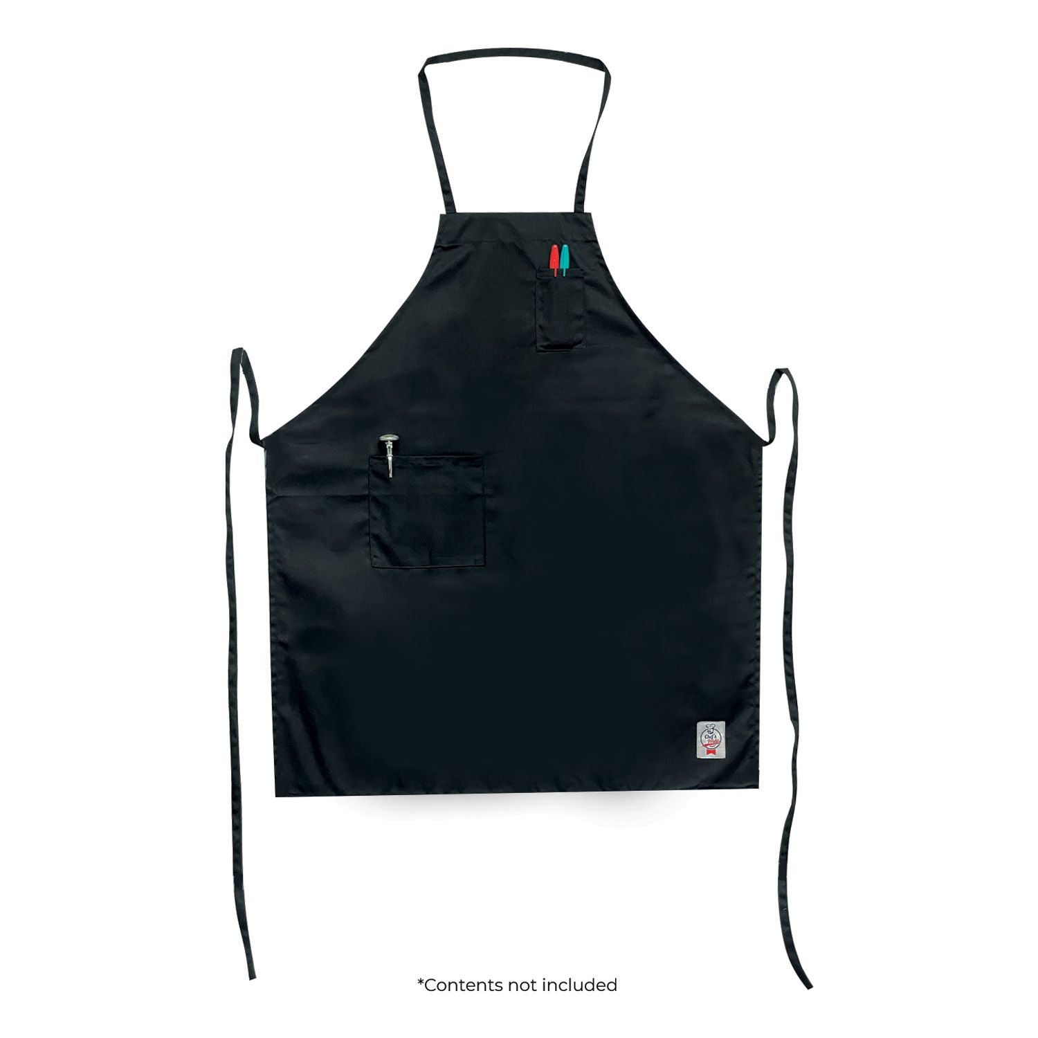 Chef’s Pride full-length black bib apron with pocket, durable fabric, adjustable neck, easy-care, and comfortable fit—perfect for chefs, waitstaff, and kitchen professionals.