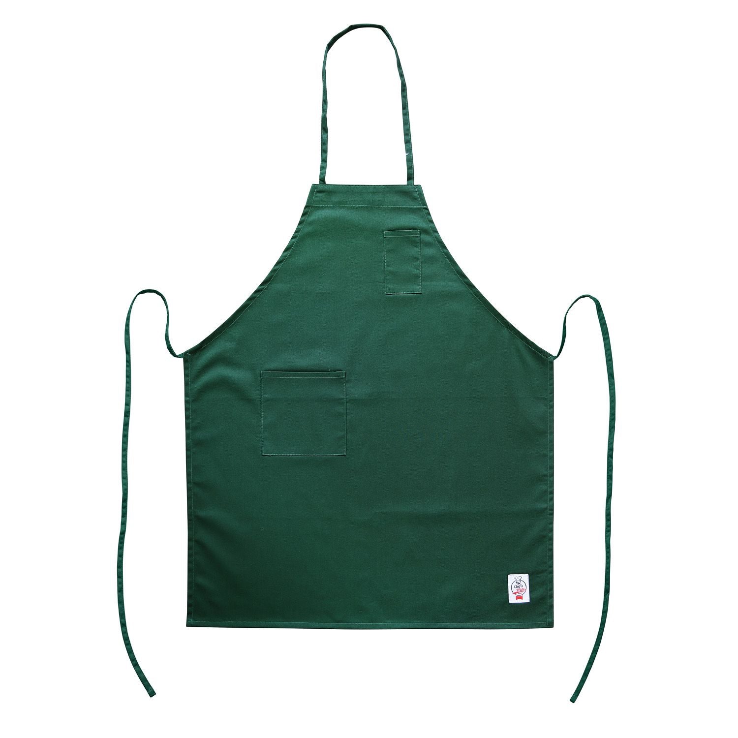 Chef’s Pride green full-length bib apron with pocket, durable and easy-care fabric, adjustable fit, and lightweight design—ideal for commercial kitchens, cafes, or catering teams.