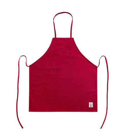 Chef’s Pride red full-length apron with pocket, durable and stain-resistant fabric, adjustable neck, and comfortable fit—ideal for restaurants, catering, or home kitchens.