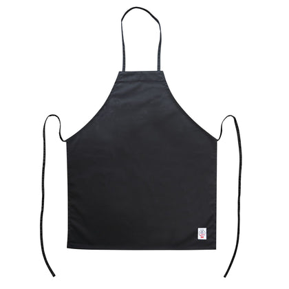 Black full-length bib apron without pocket, adjustable neck strap, durable easy-care fabric, and comfortable fit—ideal for chefs, servers, and foodservice professionals.