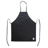 Black full-length bib apron without pocket, adjustable neck strap, durable easy-care fabric, and comfortable fit—ideal for chefs, servers, and foodservice professionals.