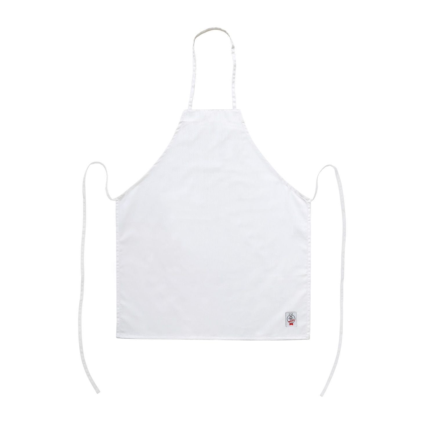Chef’s Pride white bib apron without pocket, full front coverage, adjustable neck, durable fabric, and comfortable fit—ideal for commercial kitchens, chefs, and bakers.