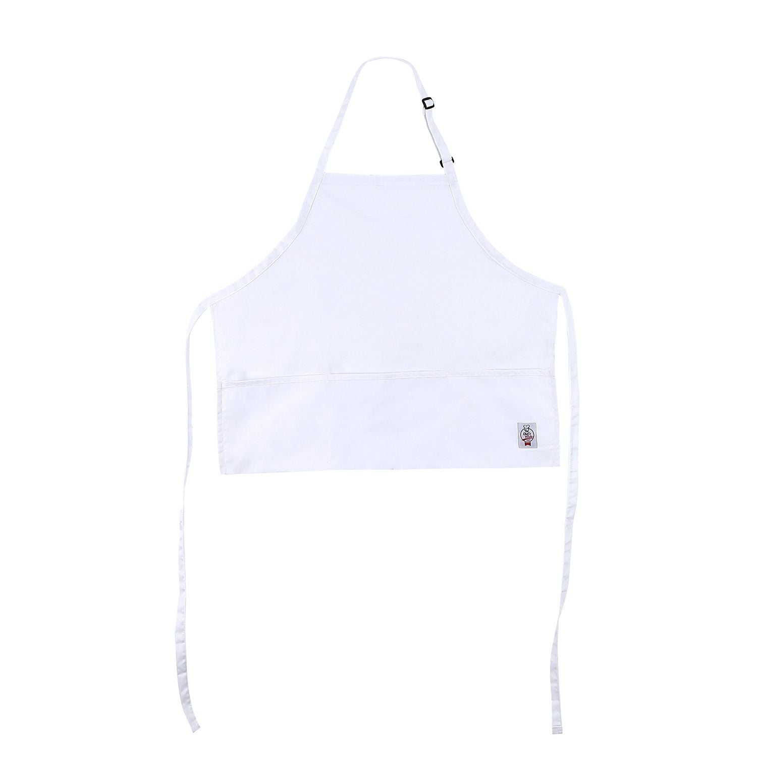 Chef’s Pride mid-length white bib apron with 3 pockets, durable and stain-resistant, adjustable neck strap, and lightweight build—perfect for chefs, staff, and restaurant service.