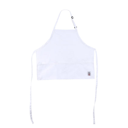 Chef’s Pride mid-length white bib apron with 3 pockets, durable and stain-resistant, adjustable neck strap, and lightweight build—perfect for chefs, staff, and restaurant service.