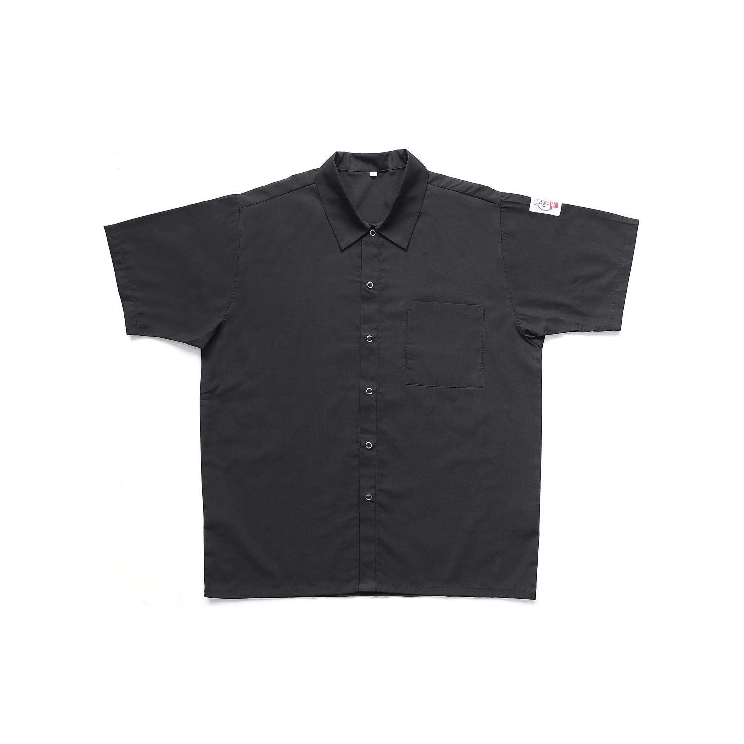 Chef's Pride black snap button chef shirt in size small with lightweight fabric, snap front, and short sleeves. Case Packed: 48, Quantity Break: 24 each.