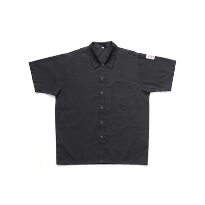 Chef's Pride black snap button chef shirt in size small with lightweight fabric, snap front, and short sleeves. Case Packed: 48, Quantity Break: 24 each.
