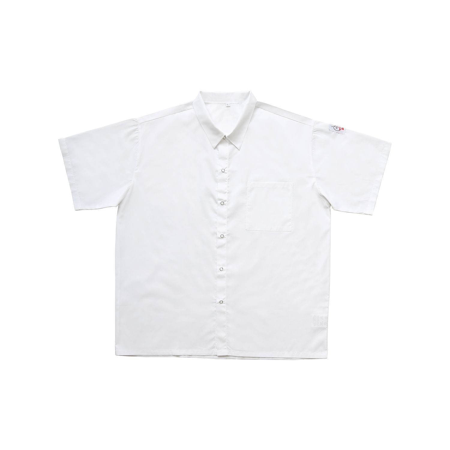 Chef's Pride white snap button shirt size L with easy snap front, cool breathable fabric, and short sleeves for chefs. Case Packed: 48, Quantity Break: 24 each.