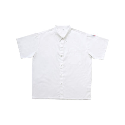 Chef's Pride white snap button shirt size L with easy snap front, cool breathable fabric, and short sleeves for chefs. Case Packed: 48, Quantity Break: 24 each.