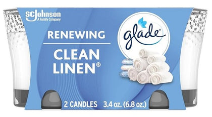 Glade Candle Clean Linen, 3.4 oz scented candle in glass jar with fresh, crisp linen fragrance for a bright, inviting home ambiance