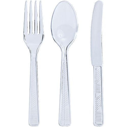 Clear and white disposable combo cutlery set with forks, knives, and spoons. Durable and stylish, perfect for parties, weddings, and events. Convenient and reliable utensils for hassle-free dining and cleanup.

