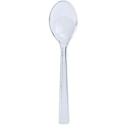 Clear and white disposable soup spoons, durable and stylish. Perfect for parties, weddings, and events. High-quality cutlery for hot and cold dishes with a comfortable grip and effortless cleanup.