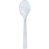 Clear and white disposable soup spoons, durable and stylish. Perfect for parties, weddings, and events. High-quality cutlery for hot and cold dishes with a comfortable grip and effortless cleanup.