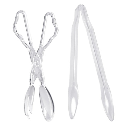 Clear 2-piece tong set with 1 salad tong and 1 serving tong. Lightweight, durable, and elegant. Perfect for serving salads, sides, and desserts at parties, weddings, banquets, or everyday dining.