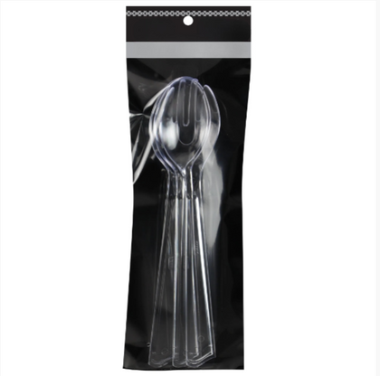 Clear 3-piece serving set with 2 spoons and 1 fork. Perfect for serving salads, sides, and desserts. Durable, lightweight, and versatile for weddings, parties, banquets, and casual meals.