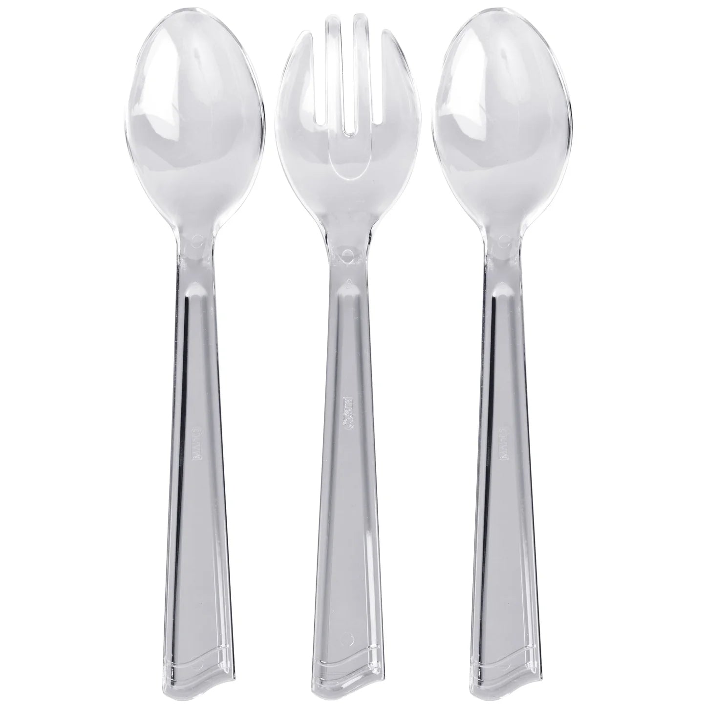 Clear 3-piece serving set with 2 spoons and 1 fork. Perfect for serving salads, sides, and desserts. Durable, lightweight, and versatile for weddings, parties, banquets, and casual meals.