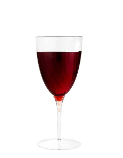 Clear 8oz plastic wine goblet with 1-piece design. Durable, BPA-free, and disposable for easy cleanup. Perfect for serving wine, cocktails, or sparkling beverages at weddings, parties, and events.