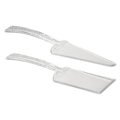 Clear Cake Server Set featuring a knife and server, perfect for cutting and serving cakes and desserts, made of BPA-free durable plastic, lightweight and reusable, ideal for weddings and parties.