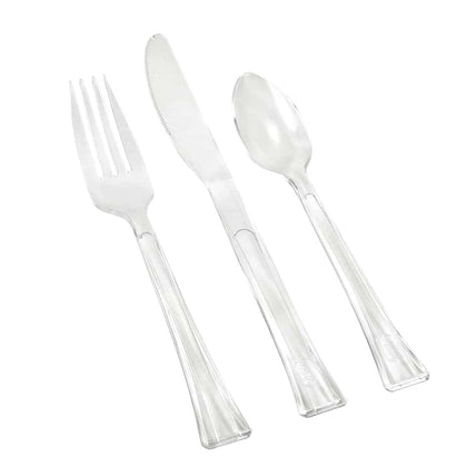 Combo Cutlery Bag available in clear, silver, pearl, and gold. Durable utensils include knives, forks, and spoons, perfect for events, catering, or home use. Reusable or disposable for convenience.