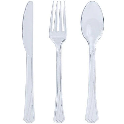 Deluxe cutlery combo featuring clear, pearl, yellow, pink, hydrangea, light blue, silver, and gold options. Elegant, durable, and disposable utensils ideal for weddings, parties, and events with easy cleanup.