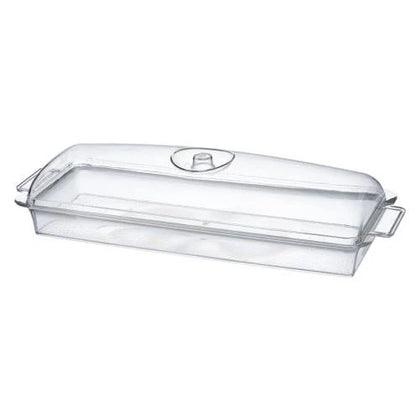 Clear Oblong Tray with Dome Lid – Durable, BPA-free plastic serveware for parties, weddings, and catering. Sleek design with a dome lid to preserve freshness and enhance food presentation.