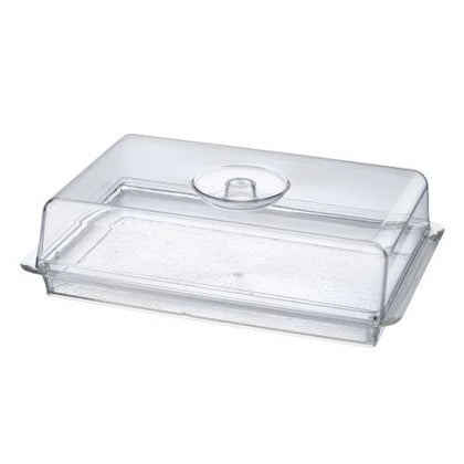 Clear Rectangle Tray with Dome Lid – Durable BPA-free serveware for catering, weddings, and parties. Sleek design with a dome lid to preserve freshness and enhance presentation.