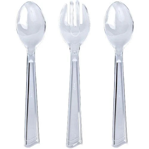 Clear Serving Set includes 1 fork and 2 spoons. Perfect for serving salads, appetizers, or desserts at weddings, parties, or gatherings. Durable, elegant, and reusable utensils for any occasion.