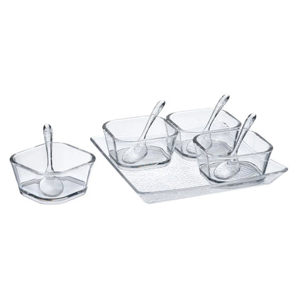 Clear Serving Set with tray, bowls, and spoons – BPA-free, durable, and reusable. Perfect for serving dips, sauces, and desserts at weddings, parties, or family gatherings.