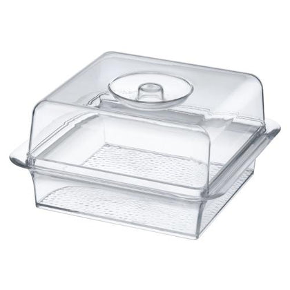 Clear Square Tray with Dome Lid – BPA-free plastic serveware for weddings, parties, and catering. Durable tray with a sleek dome lid for freshness and elegant food presentation.