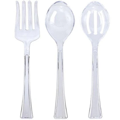 Utensils Serving Set – Includes a spoon, fork, and slotted spoon. Available in Clear, Pearl, and Black. Durable, reusable, and perfect for serving salads, appetizers, and main courses.