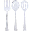 Utensils Serving Set – Includes a spoon, fork, and slotted spoon. Available in Clear, Pearl, and Black. Durable, reusable, and perfect for serving salads, appetizers, and main courses.