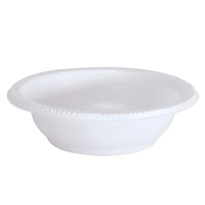 White plastic bowls available in 5oz and 15oz sizes. Sturdy and disposable, perfect for soups, salads, or desserts. Great for parties, catering, or daily use. Sleek design complements any table setting.