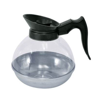 64oz black coffee decanter with stainless steel base, drip-resistant spout, and durable polycarbonate body for commercial use in restaurants, cafés, or office coffee stations.