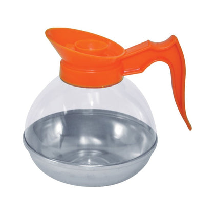 64oz orange coffee decanter with stainless steel base, drip-resistant spout, and durable polycarbonate build for serving decaf in restaurants, diners, or cafés.