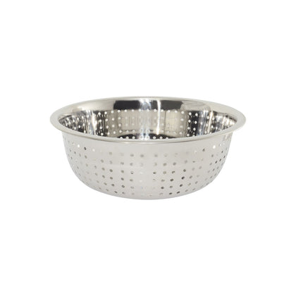 9QT stainless steel Chinese colander with large holes, durable and rust-resistant, perfect for draining pasta, seafood, and vegetables in commercial kitchens, packed 24 each per case