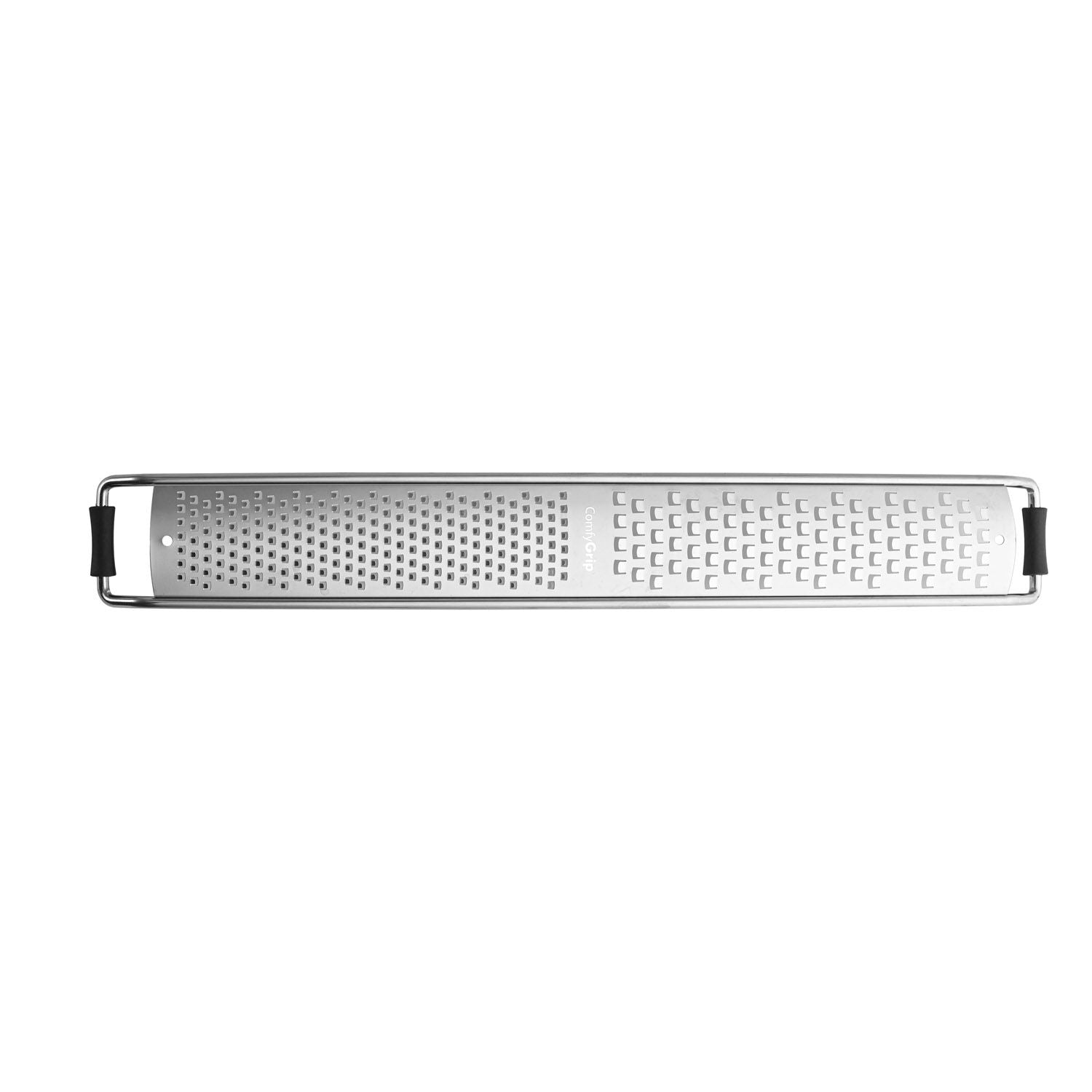 ComfyGrip stainless steel grater with coarse and zester dual blades, non-slip foot, ergonomic handle; durable and rust-resistant; packed 72 each per pack for efficient kitchen use.